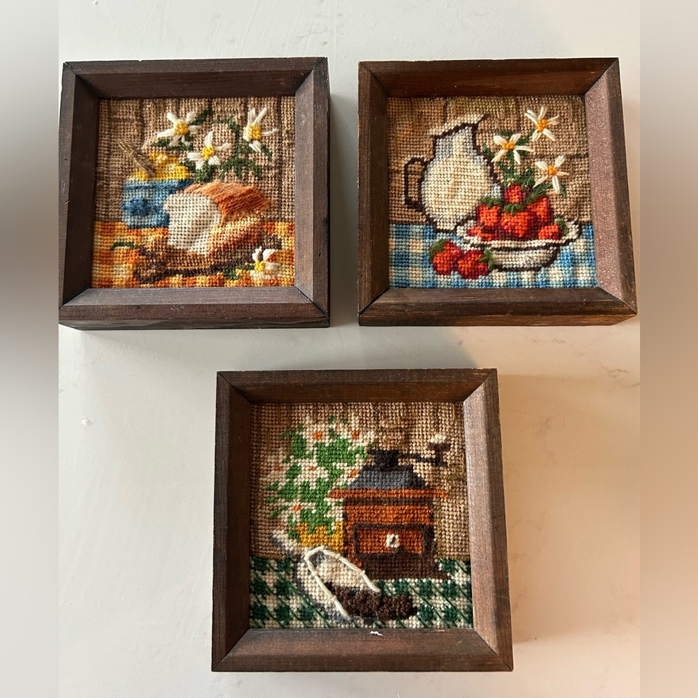 Vintage Framed Cross Stitch Still Life Scenes- Floral, Fruit & Coffee Motifs - Picture 1 of 16